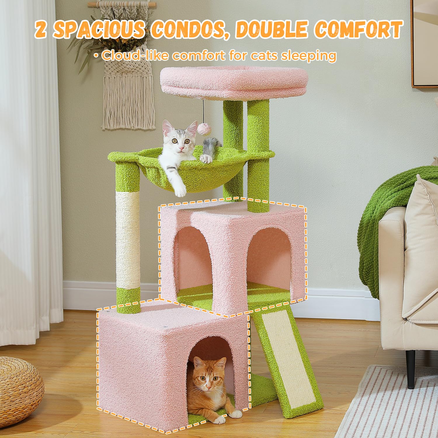Pawz Road Large Cat Tree, 41 Inches Multi-Level Cat Tower With 2 Spacious Condos For Large Indoor Cats, Pink Flower Cat House Wi